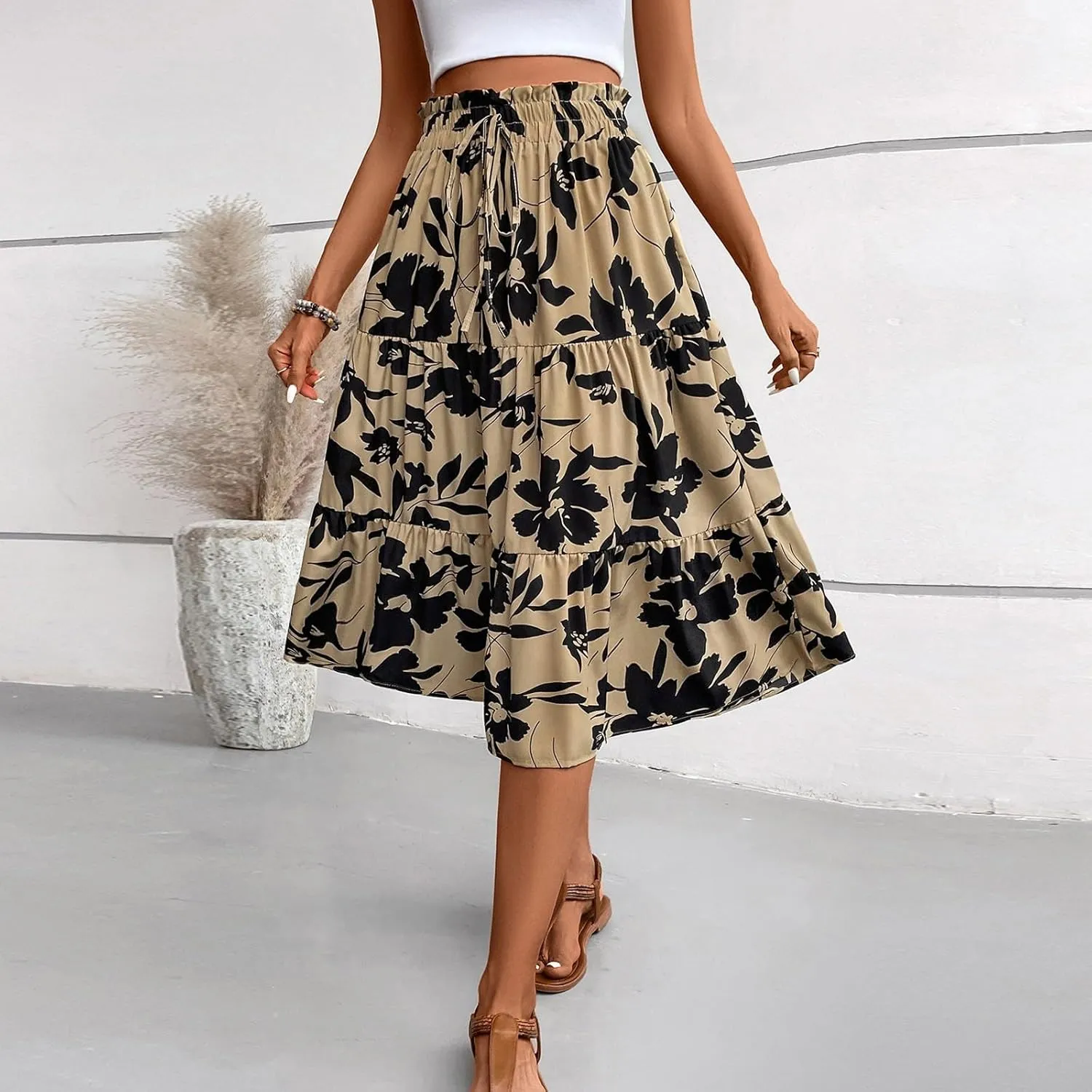 Boho Midi Skirts for Women Summer Layered Tiered Drawstring High Waist Above Knee Skirts Aline Work Floral Print Skirt