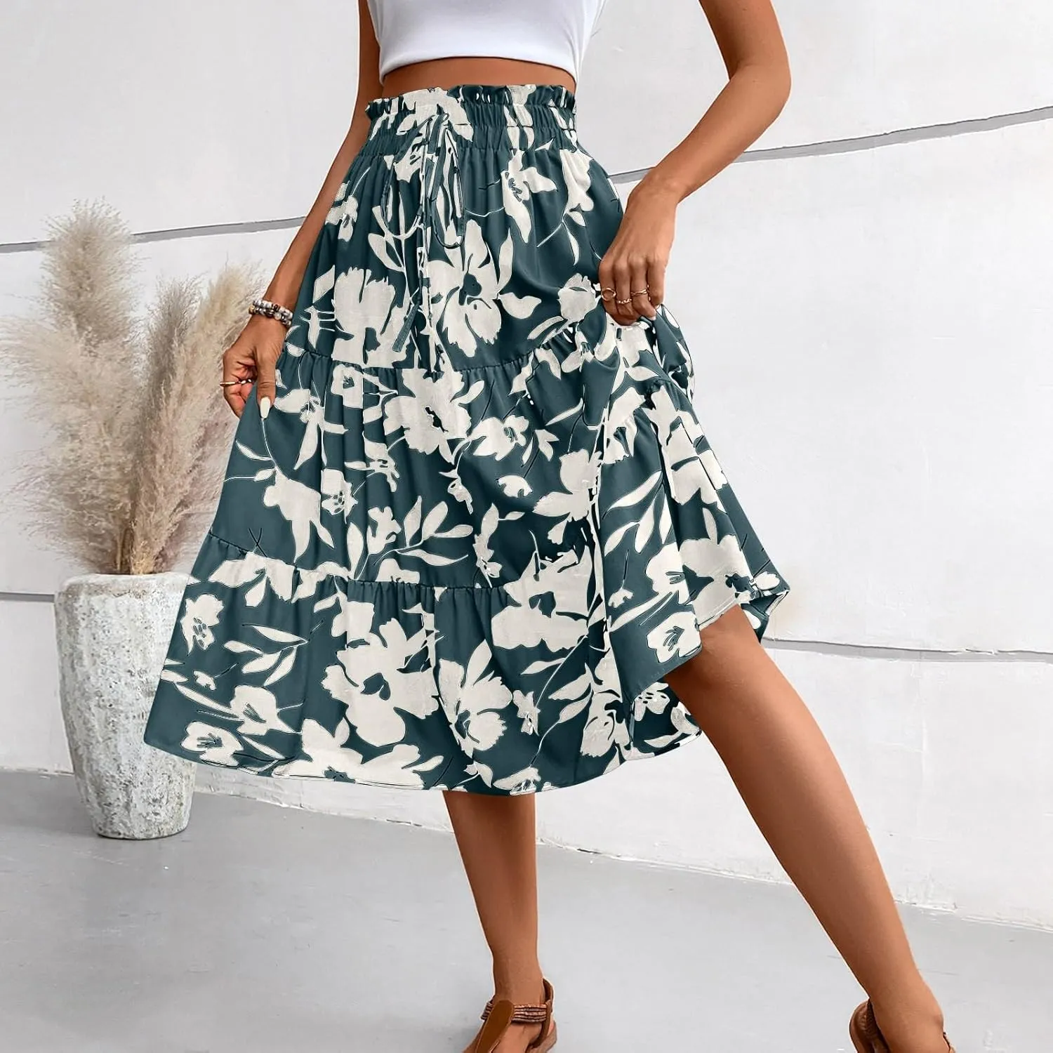 Boho Midi Skirts for Women Summer Layered Tiered Drawstring High Waist Above Knee Skirts Aline Work Floral Print Skirt
