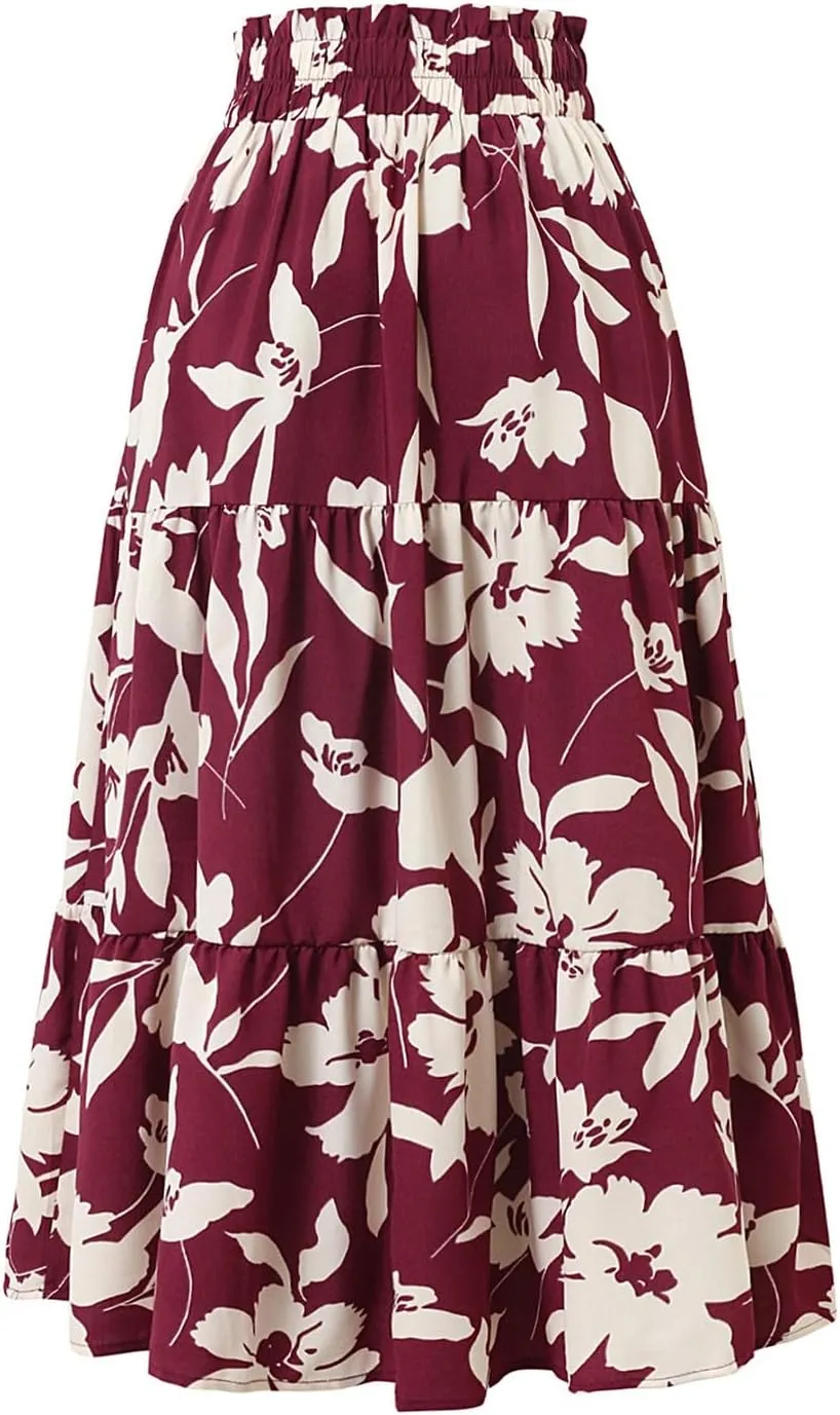 Boho Midi Skirts for Women Summer Layered Tiered Drawstring High Waist Above Knee Skirts Aline Work Floral Print Skirt