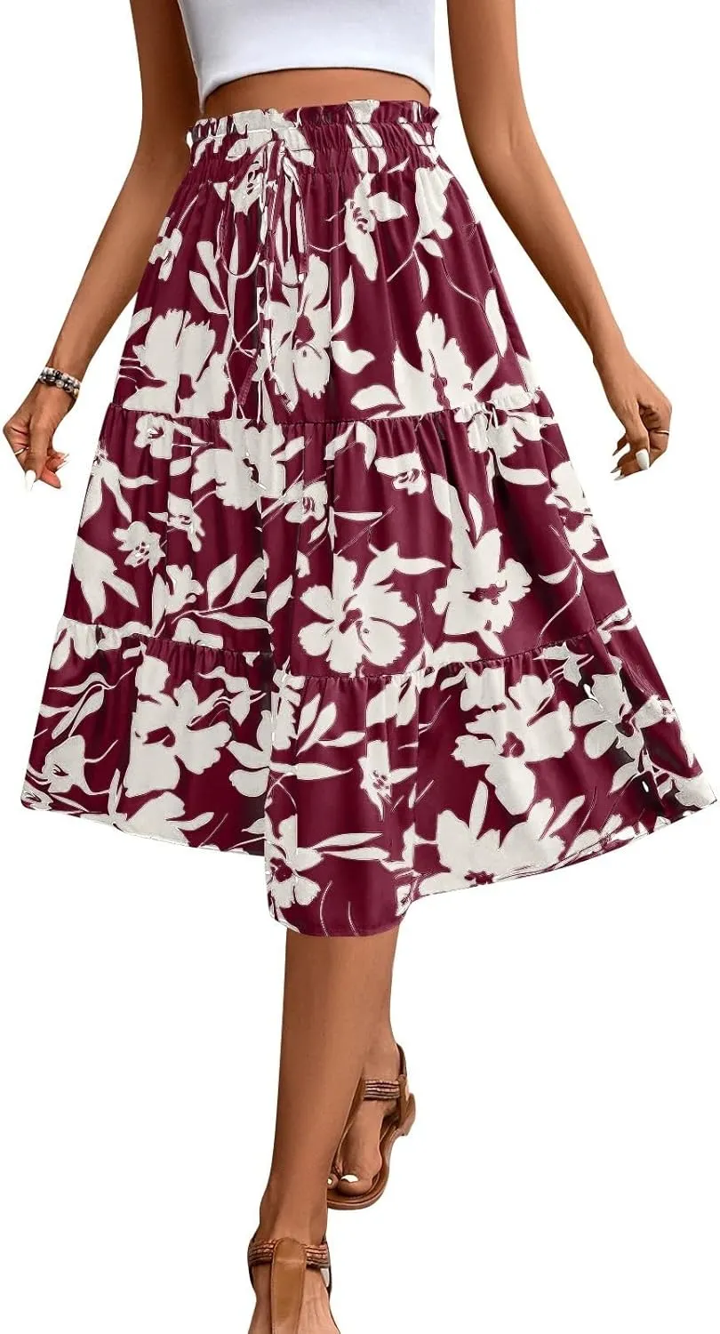 Boho Midi Skirts for Women Summer Layered Tiered Drawstring High Waist Above Knee Skirts Aline Work Floral Print Skirt