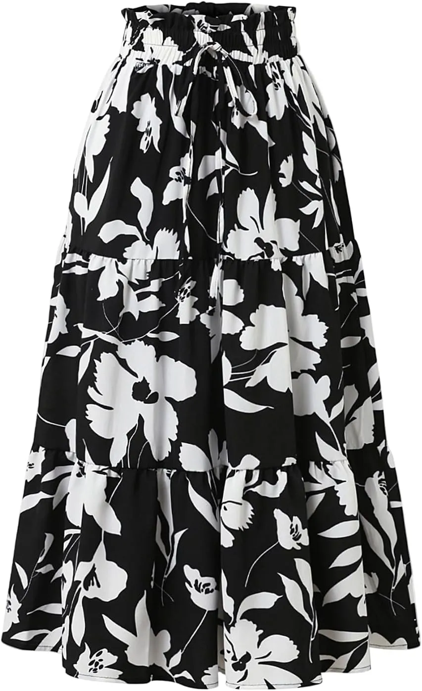 Boho Midi Skirts for Women Summer Layered Tiered Drawstring High Waist Above Knee Skirts Aline Work Floral Print Skirt