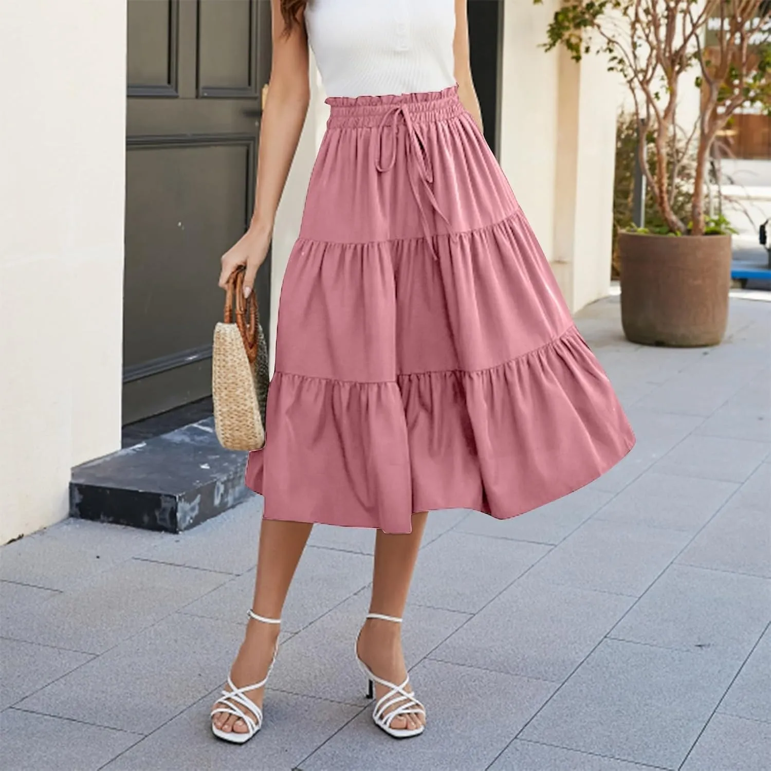 Boho Midi Skirts for Women Summer Layered Tiered Drawstring High Waist Above Knee Skirts Aline Work Floral Print Skirt