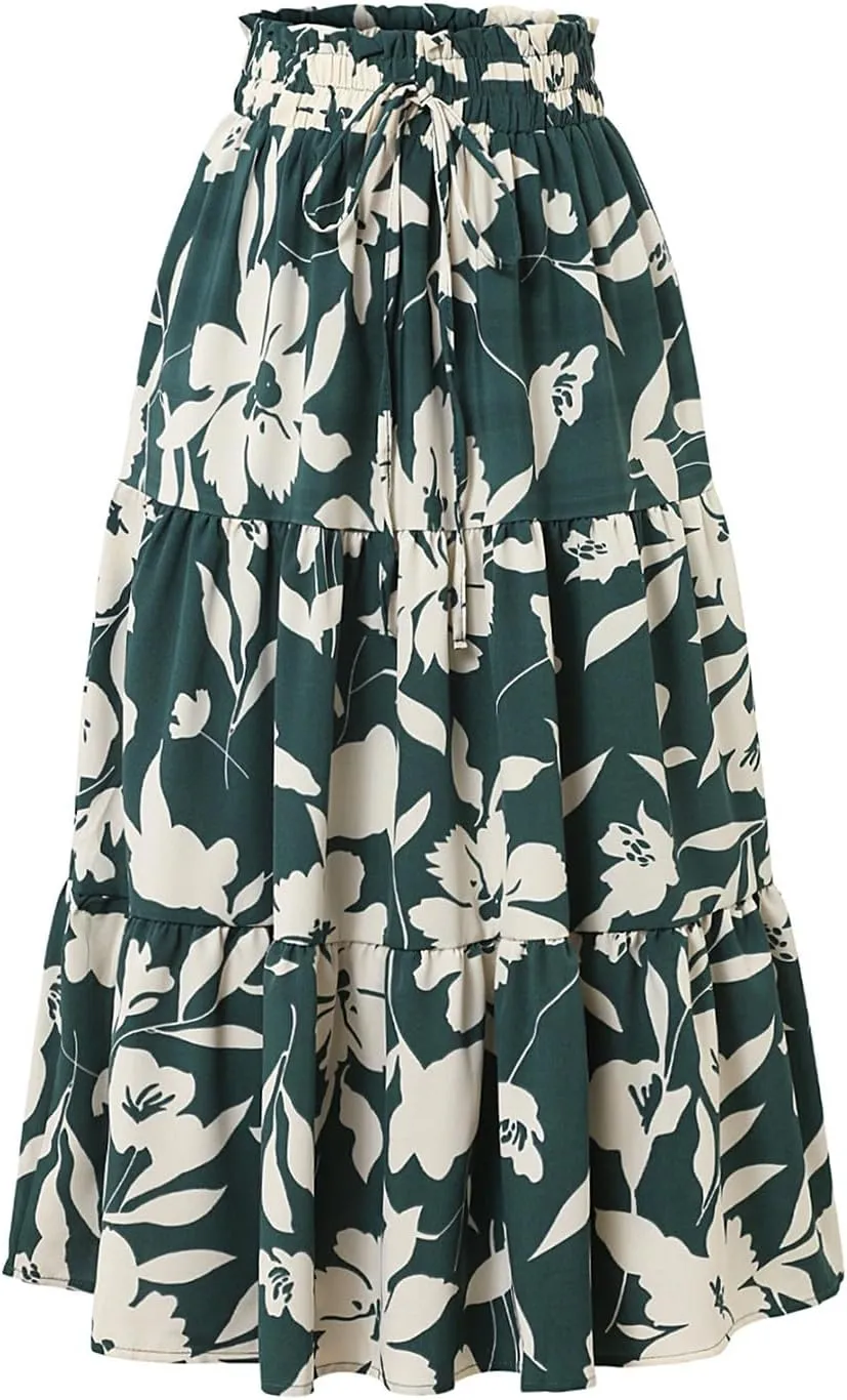 Boho Midi Skirts for Women Summer Layered Tiered Drawstring High Waist Above Knee Skirts Aline Work Floral Print Skirt