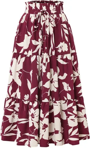 Boho Midi Skirts for Women Summer Layered Tiered Drawstring High Waist Above Knee Skirts Aline Work Floral Print Skirt