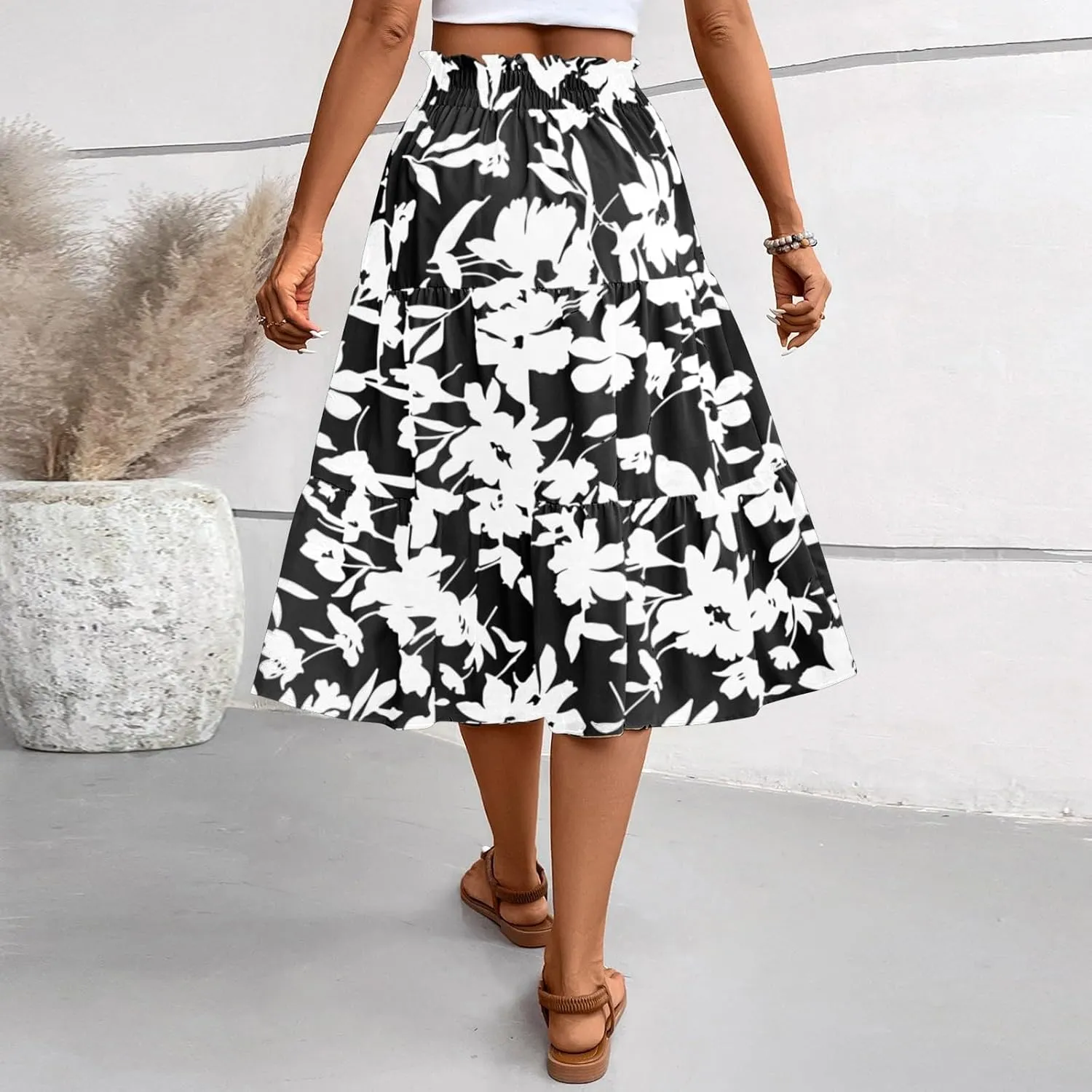 Boho Midi Skirts for Women Summer Layered Tiered Drawstring High Waist Above Knee Skirts Aline Work Floral Print Skirt