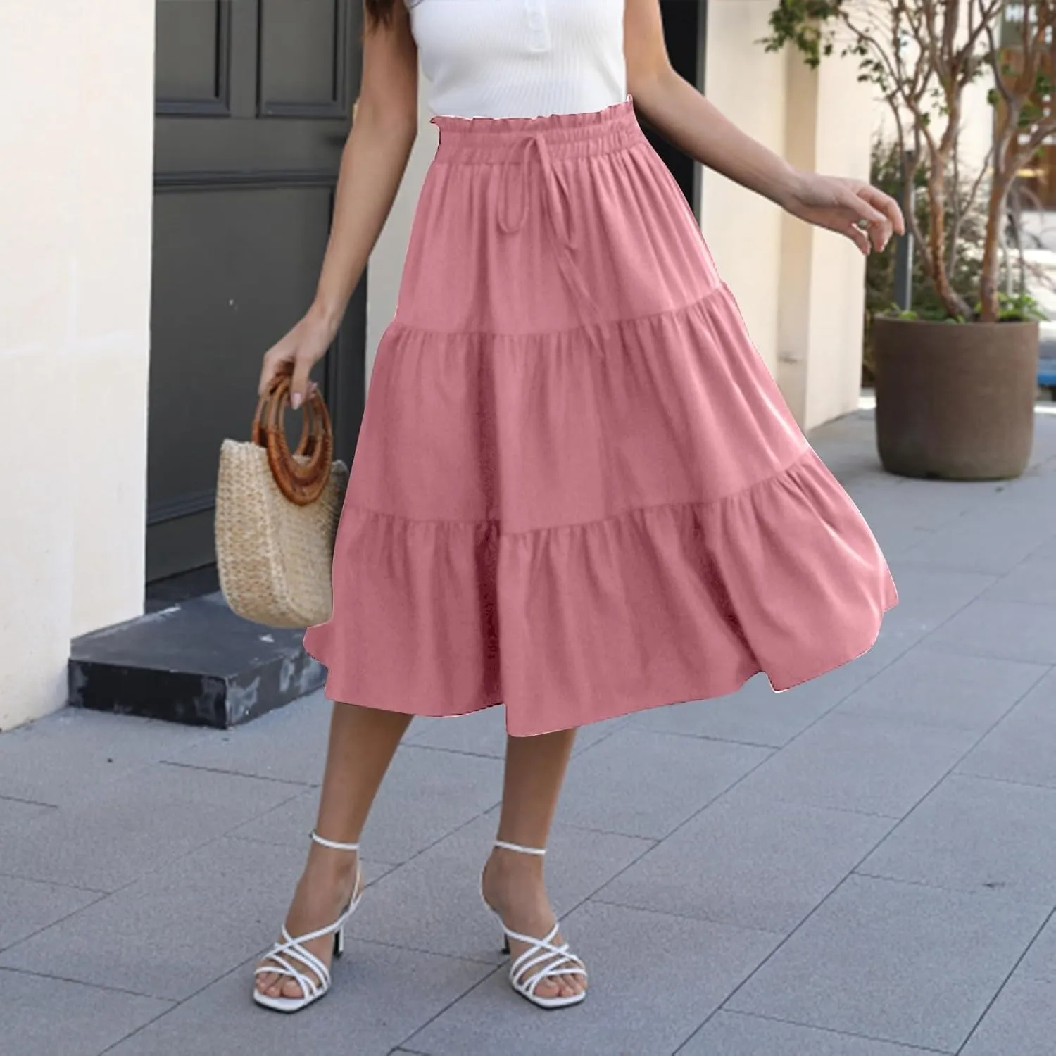 Boho Midi Skirts for Women Summer Layered Tiered Drawstring High Waist Above Knee Skirts Aline Work Floral Print Skirt