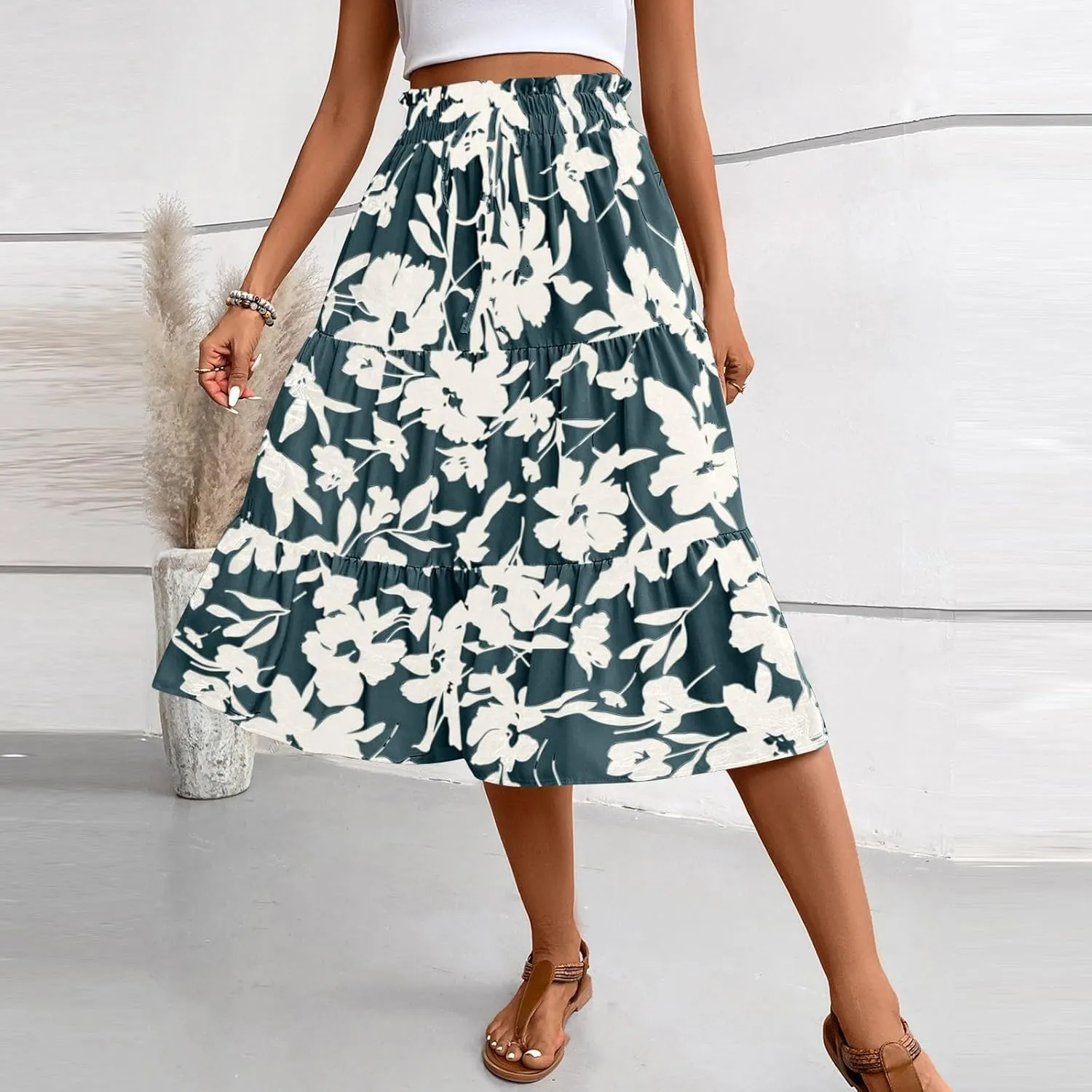Boho Midi Skirts for Women Summer Layered Tiered Drawstring High Waist Above Knee Skirts Aline Work Floral Print Skirt