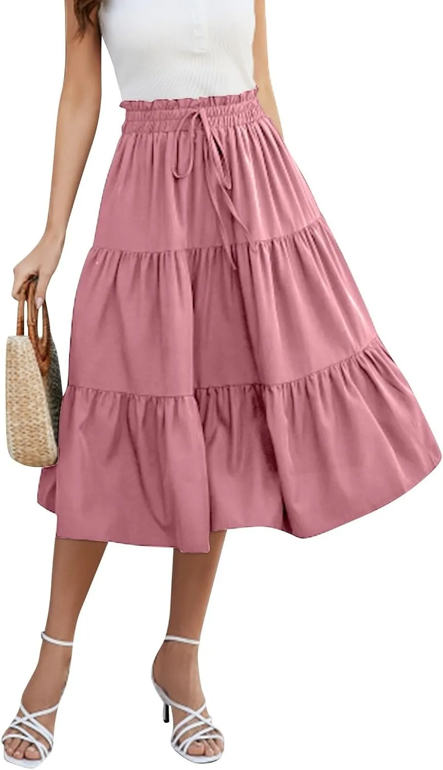 Boho Midi Skirts for Women Summer Layered Tiered Drawstring High Waist Above Knee Skirts Aline Work Floral Print Skirt