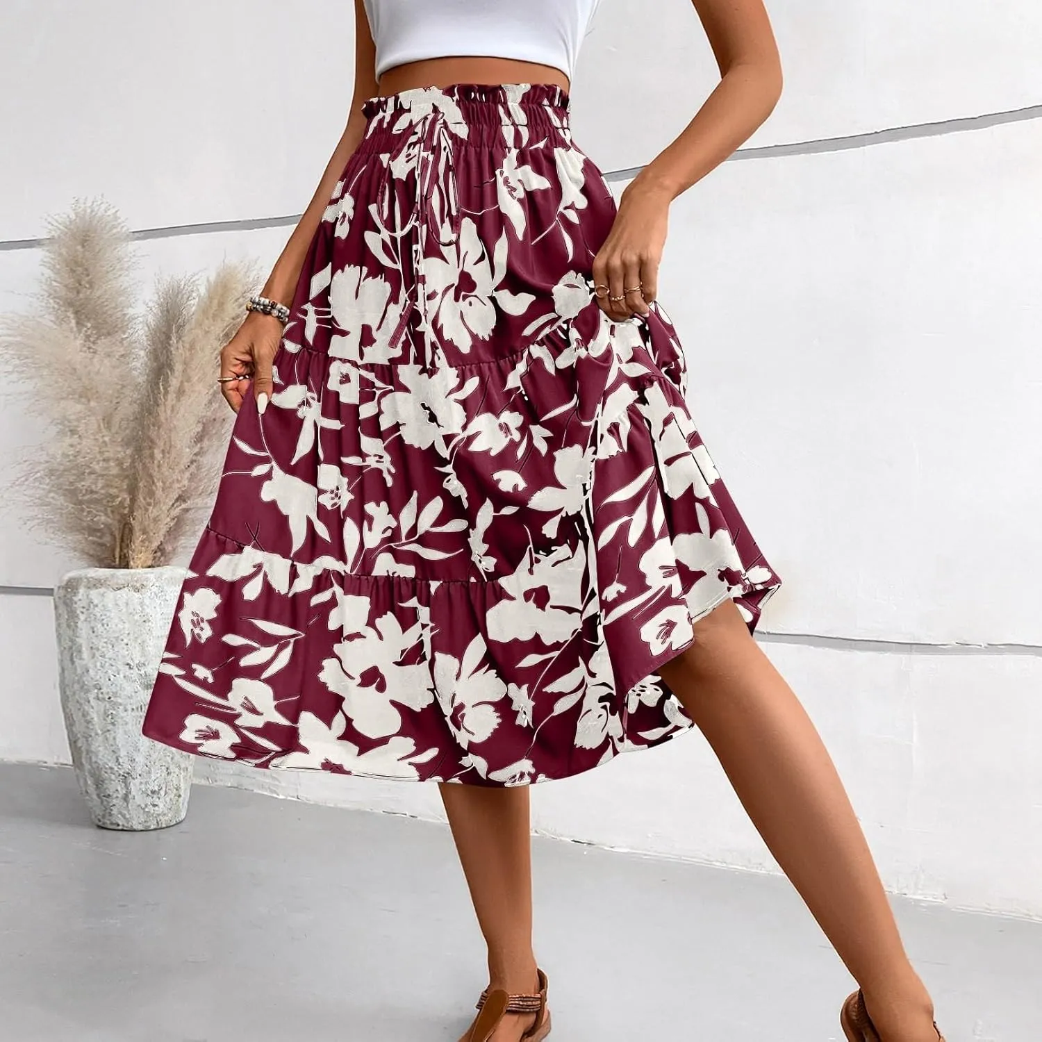 Boho Midi Skirts for Women Summer Layered Tiered Drawstring High Waist Above Knee Skirts Aline Work Floral Print Skirt