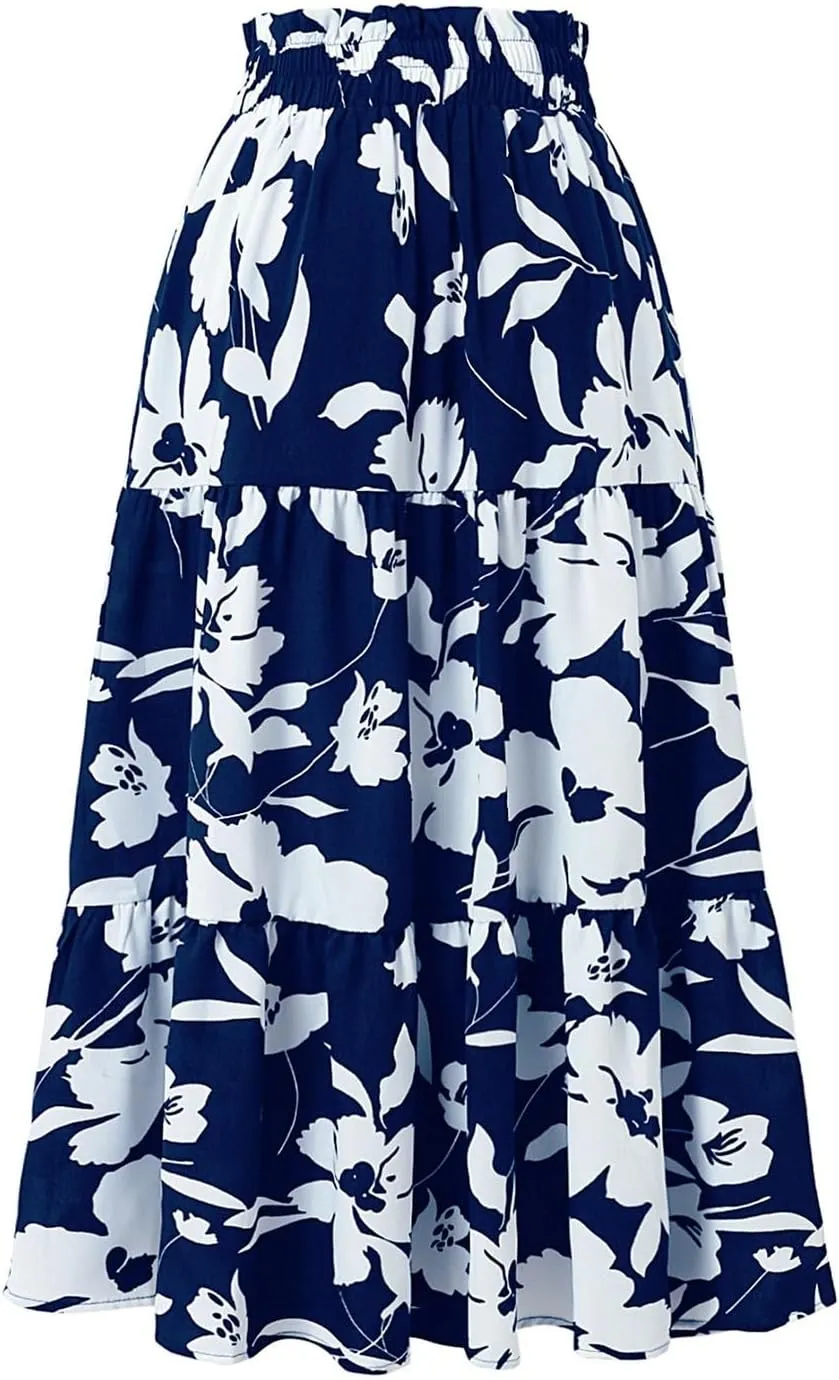 Boho Midi Skirts for Women Summer Layered Tiered Drawstring High Waist Above Knee Skirts Aline Work Floral Print Skirt