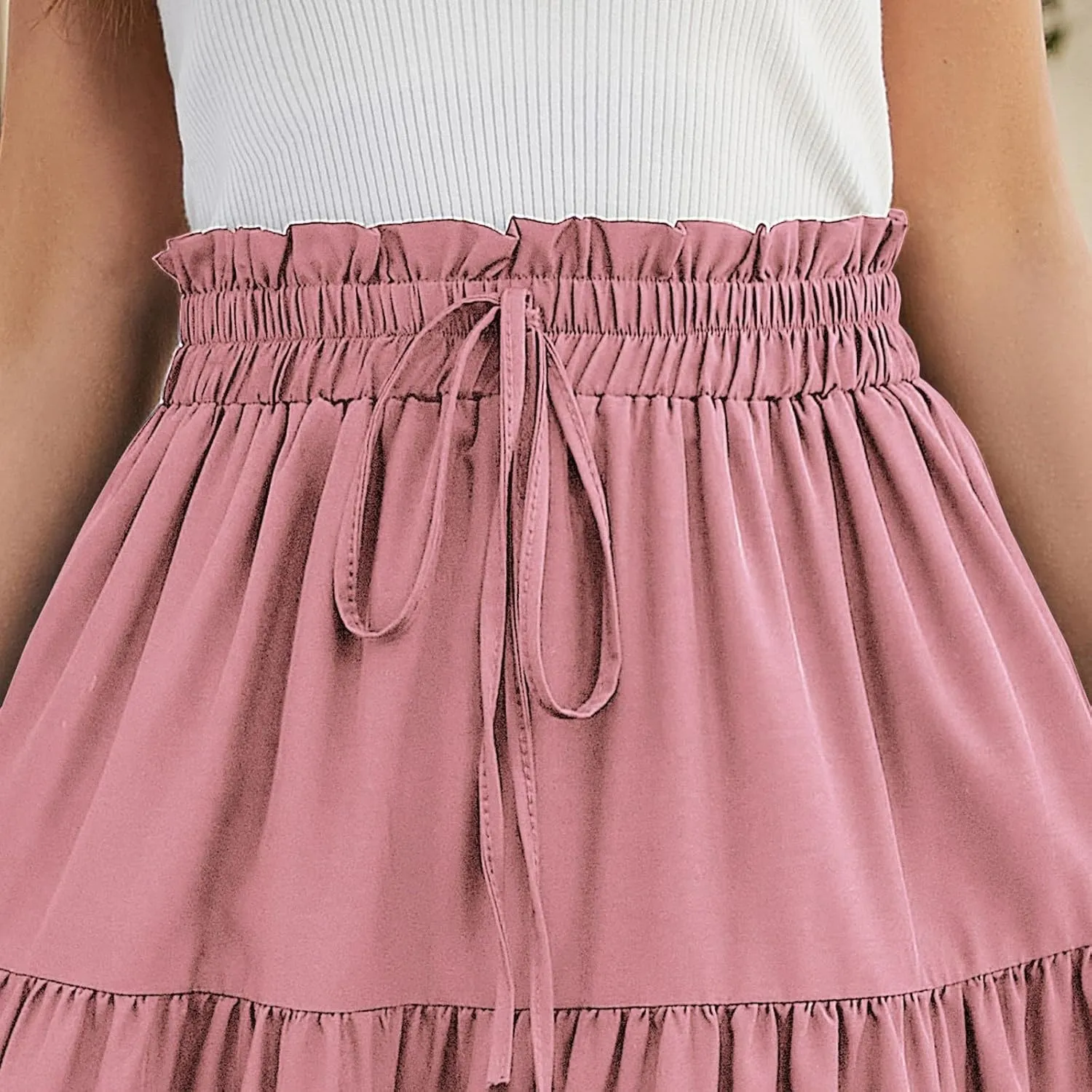 Boho Midi Skirts for Women Summer Layered Tiered Drawstring High Waist Above Knee Skirts Aline Work Floral Print Skirt