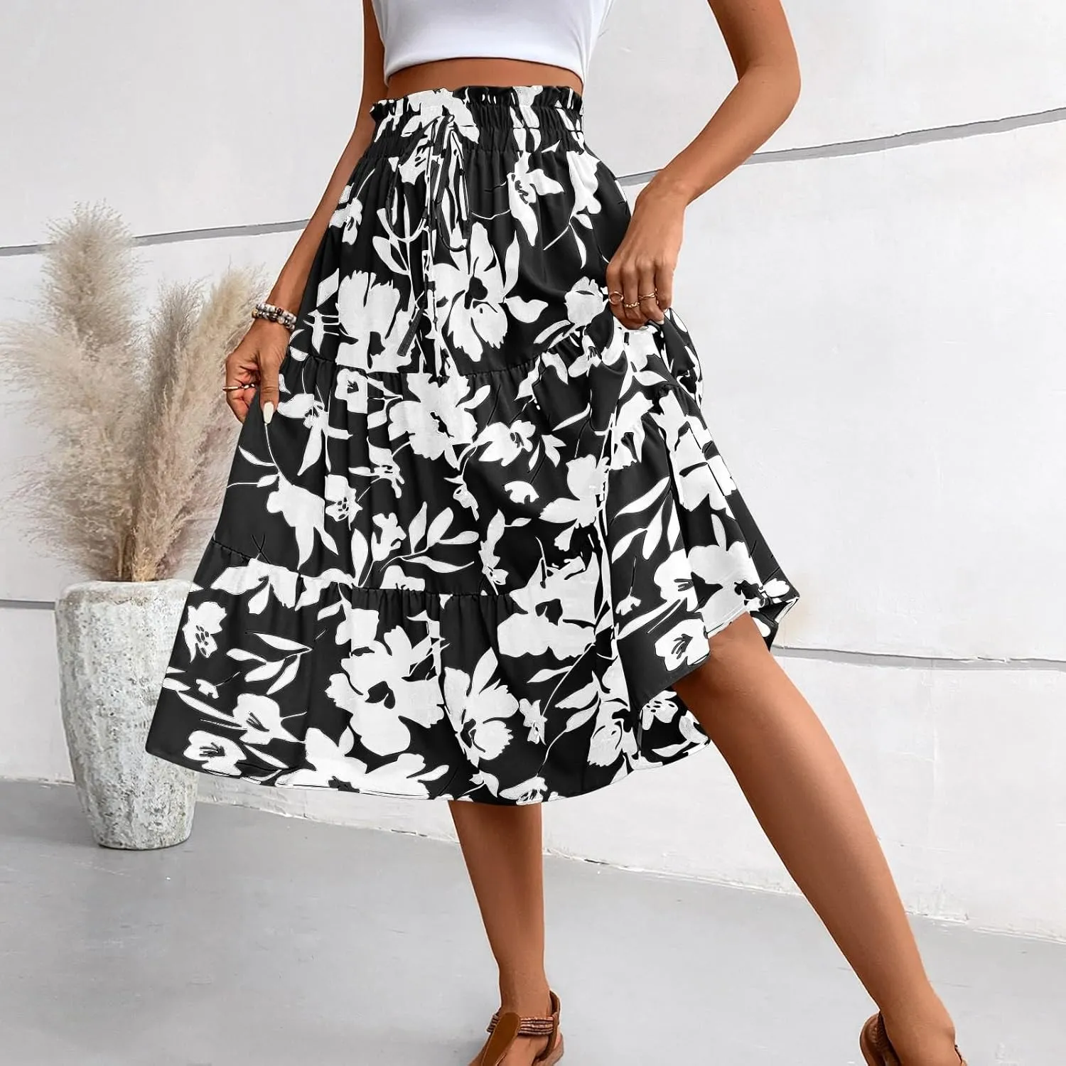 Boho Midi Skirts for Women Summer Layered Tiered Drawstring High Waist Above Knee Skirts Aline Work Floral Print Skirt
