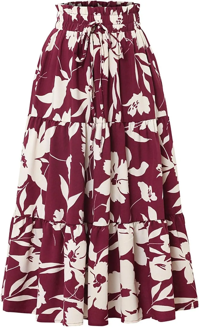 Boho Midi Skirts for Women Summer Layered Tiered Drawstring High Waist Above Knee Skirts Aline Work Floral Print Skirt