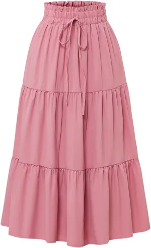Boho Midi Skirts for Women Summer Layered Tiered Drawstring High Waist Above Knee Skirts Aline Work Floral Print Skirt