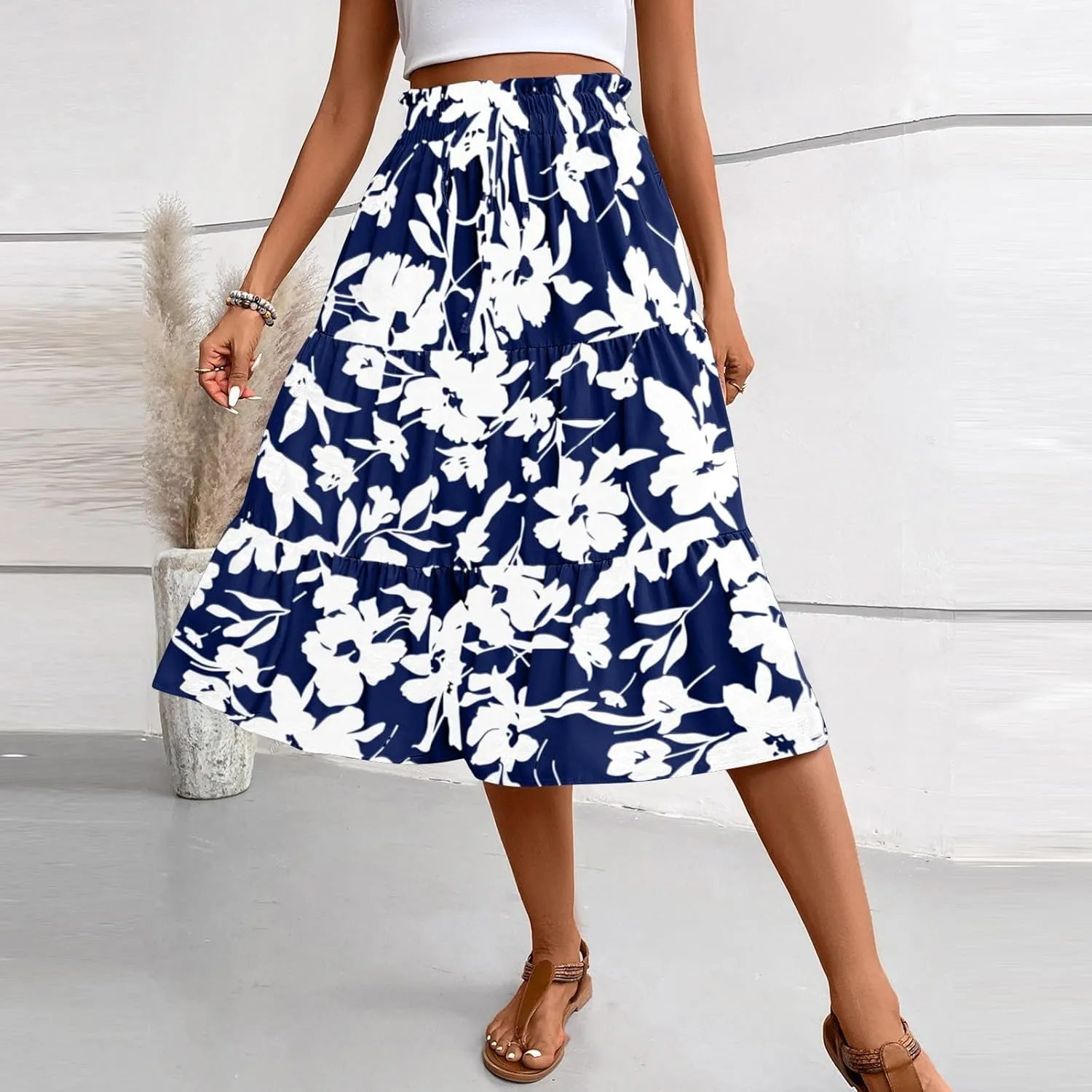 Boho Midi Skirts for Women Summer Layered Tiered Drawstring High Waist Above Knee Skirts Aline Work Floral Print Skirt