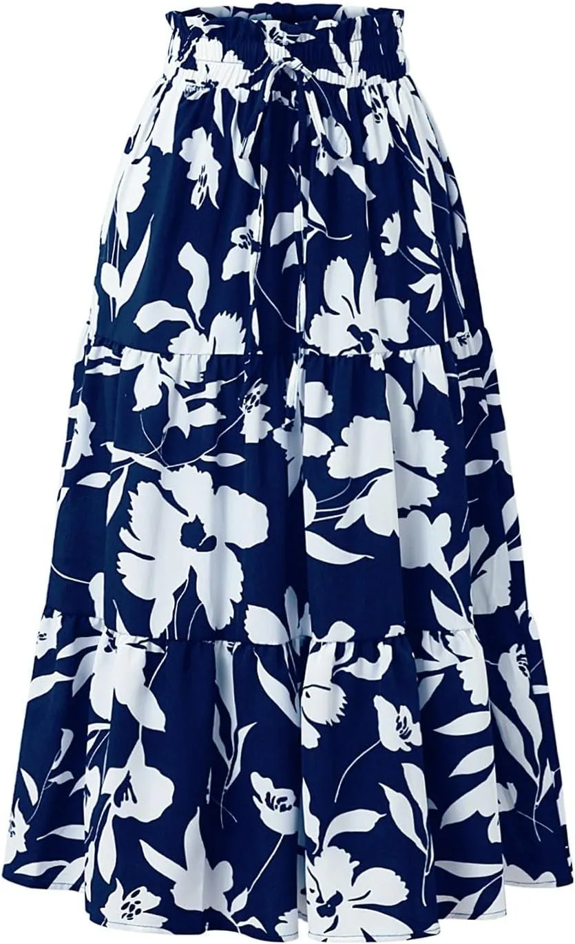 Boho Midi Skirts for Women Summer Layered Tiered Drawstring High Waist Above Knee Skirts Aline Work Floral Print Skirt