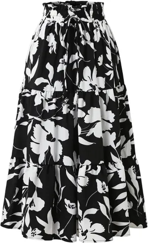 Boho Midi Skirts for Women Summer Layered Tiered Drawstring High Waist Above Knee Skirts Aline Work Floral Print Skirt