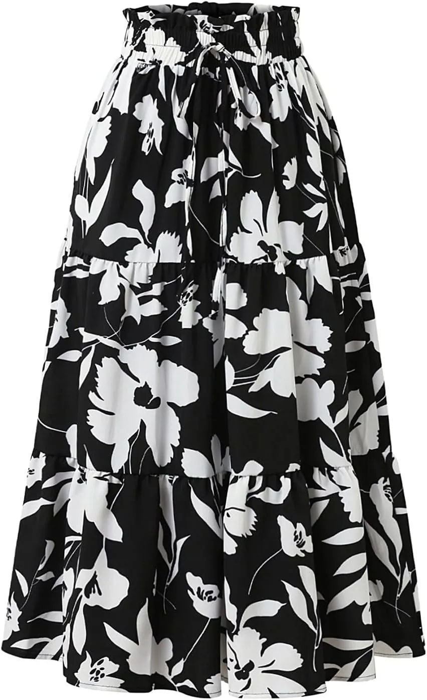 Boho Midi Skirts for Women Summer Layered Tiered Drawstring High Waist Above Knee Skirts Aline Work Floral Print Skirt
