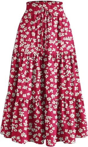 Boho Skirts for Women 2025 Summer Trendy Floral Flowy Maxi Skirt Elastic High Waist Tiered A-Line Beach Dress