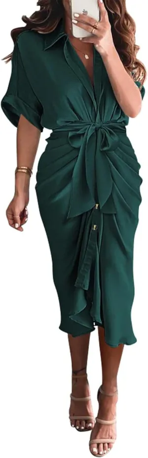 BTFBM 2025 Women Button Down Ruched Shirt Dresses Short Sleeve Lapel V Neck Elegant Party Spring Summer Maxi Satin Dress
