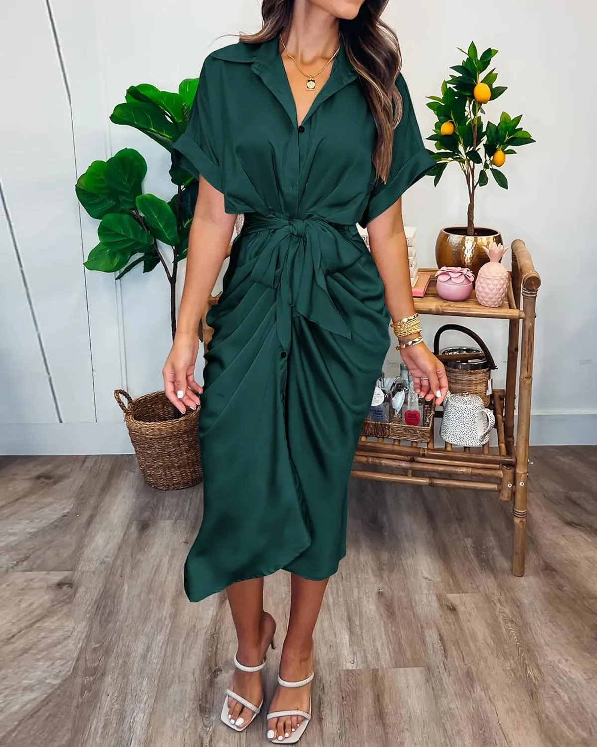 BTFBM 2025 Women Button Down Ruched Shirt Dresses Short Sleeve Lapel V Neck Elegant Party Spring Summer Maxi Satin Dress