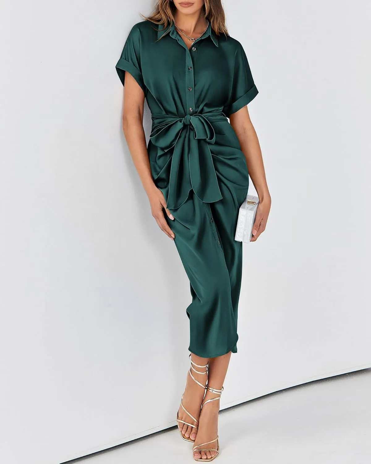 BTFBM 2025 Women Button Down Ruched Shirt Dresses Short Sleeve Lapel V Neck Elegant Party Spring Summer Maxi Satin Dress