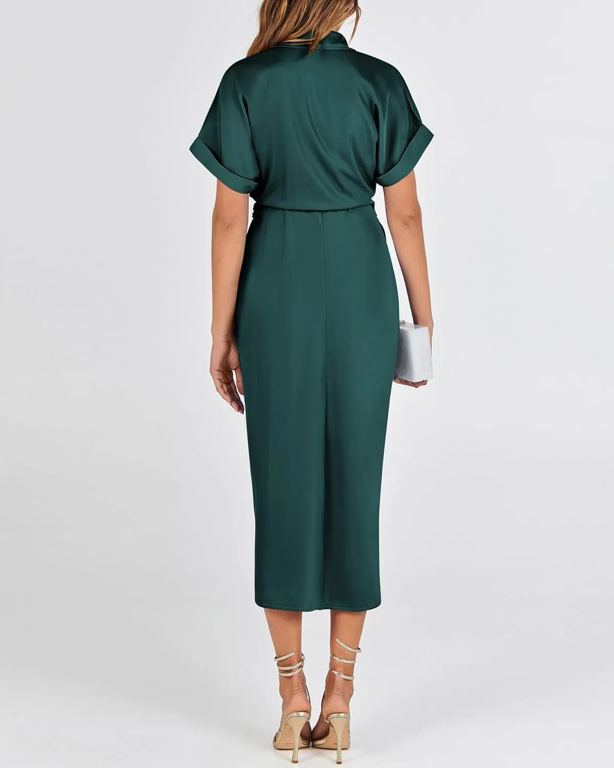 BTFBM 2025 Women Button Down Ruched Shirt Dresses Short Sleeve Lapel V Neck Elegant Party Spring Summer Maxi Satin Dress