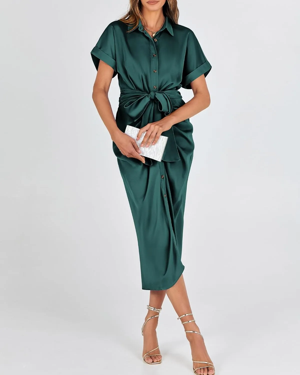 BTFBM 2025 Women Button Down Ruched Shirt Dresses Short Sleeve Lapel V Neck Elegant Party Spring Summer Maxi Satin Dress