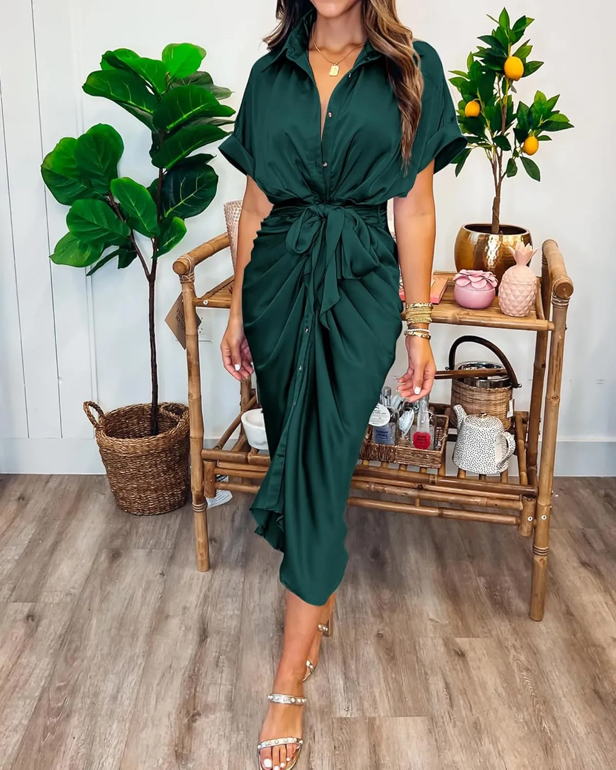 BTFBM 2025 Women Button Down Ruched Shirt Dresses Short Sleeve Lapel V Neck Elegant Party Spring Summer Maxi Satin Dress