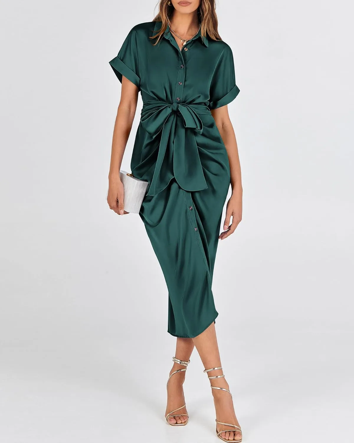 BTFBM 2025 Women Button Down Ruched Shirt Dresses Short Sleeve Lapel V Neck Elegant Party Spring Summer Maxi Satin Dress