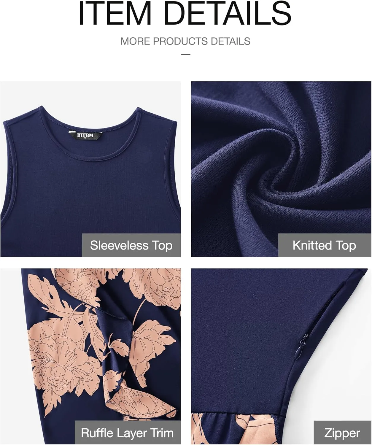 BTFBM Women Casual Sleeveless Summer Dresses 2025 Spring Crewneck Patchwork Boho Floral Ruffle Cocktail Party Midi Dress