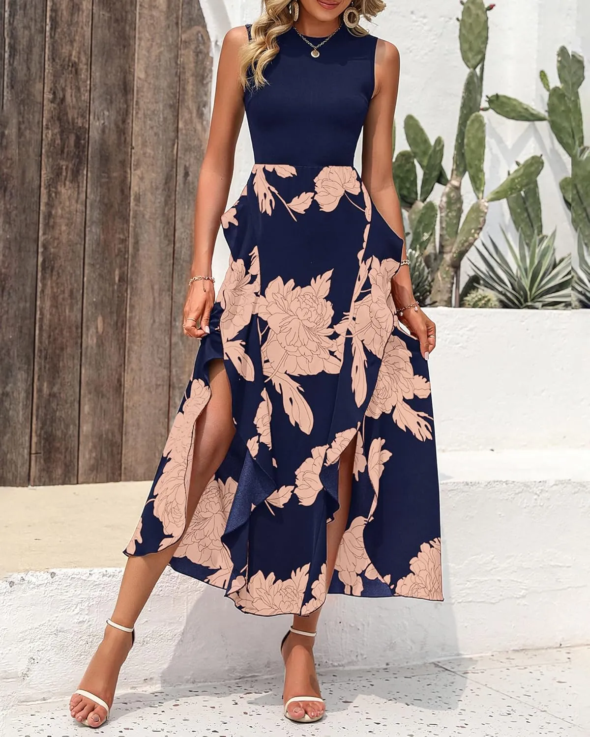BTFBM Women Casual Sleeveless Summer Dresses 2025 Spring Crewneck Patchwork Boho Floral Ruffle Cocktail Party Midi Dress