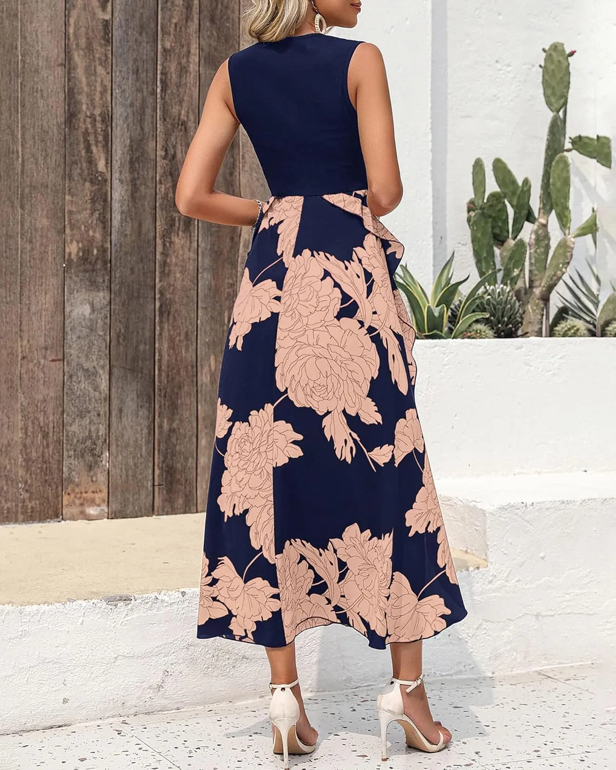 BTFBM Women Casual Sleeveless Summer Dresses 2025 Spring Crewneck Patchwork Boho Floral Ruffle Cocktail Party Midi Dress