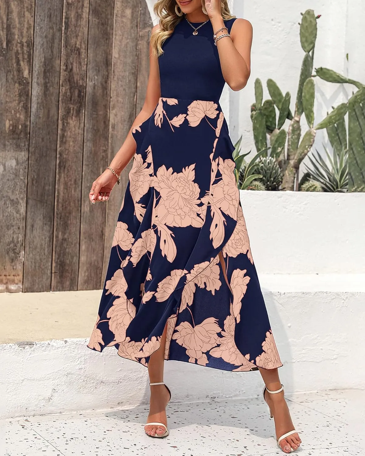 BTFBM Women Casual Sleeveless Summer Dresses 2025 Spring Crewneck Patchwork Boho Floral Ruffle Cocktail Party Midi Dress