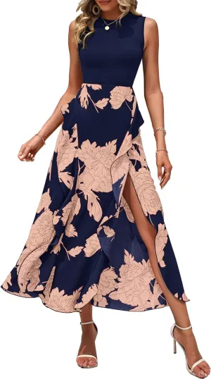 BTFBM Women Casual Sleeveless Summer Dresses 2025 Spring Crewneck Patchwork Boho Floral Ruffle Cocktail Party Midi Dress