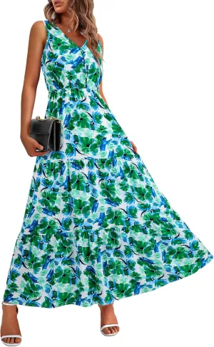 BTFBM Women Summer Dresses Casual Sleeveless Maxi Dresses Cute Floral Long Dress Wedding Guest Dress