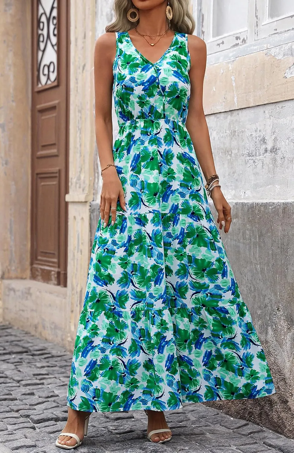 BTFBM Women Summer Dresses Casual Sleeveless Maxi Dresses Cute Floral Long Dress Wedding Guest Dress