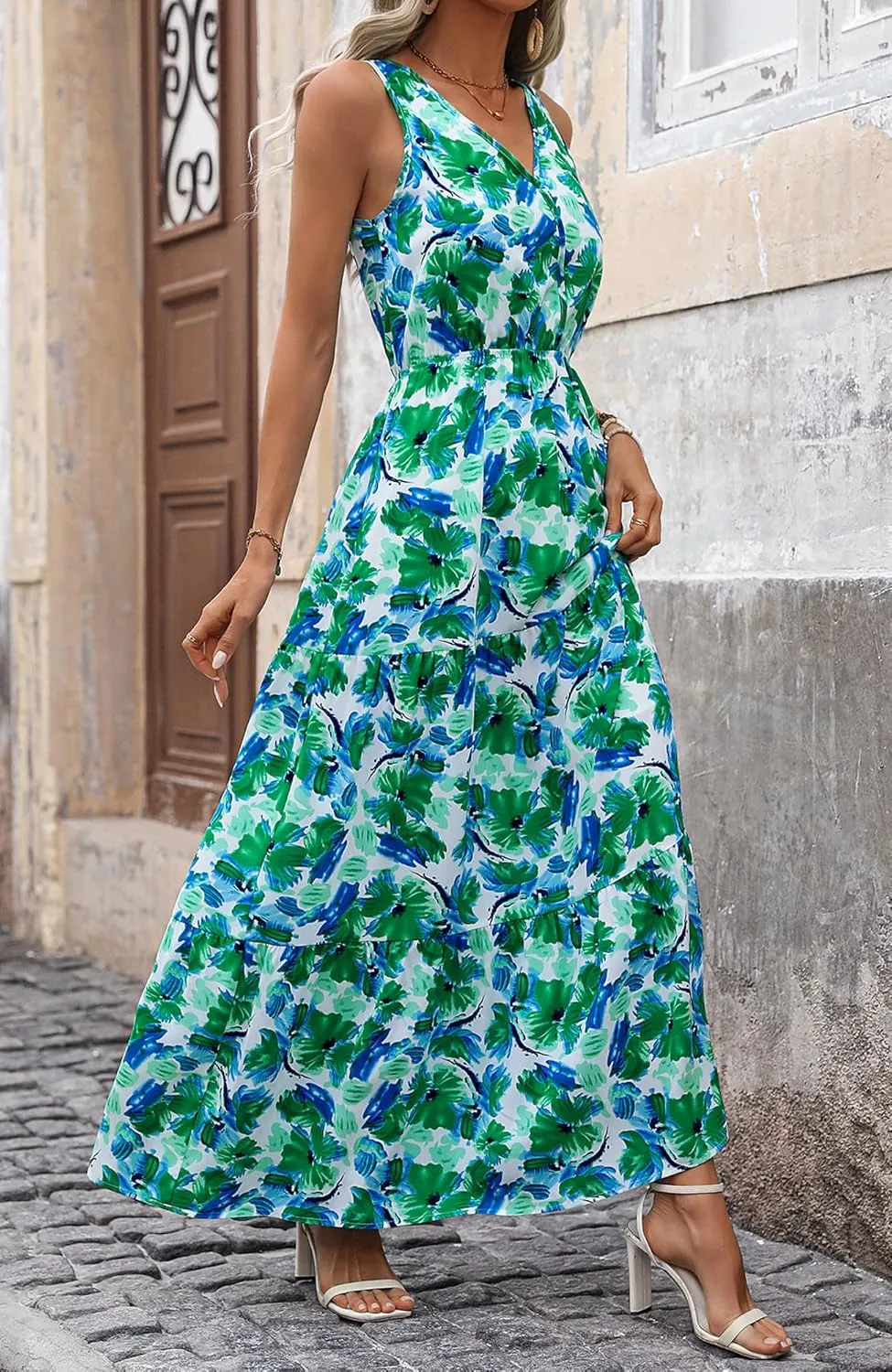 BTFBM Women Summer Dresses Casual Sleeveless Maxi Dresses Cute Floral Long Dress Wedding Guest Dress