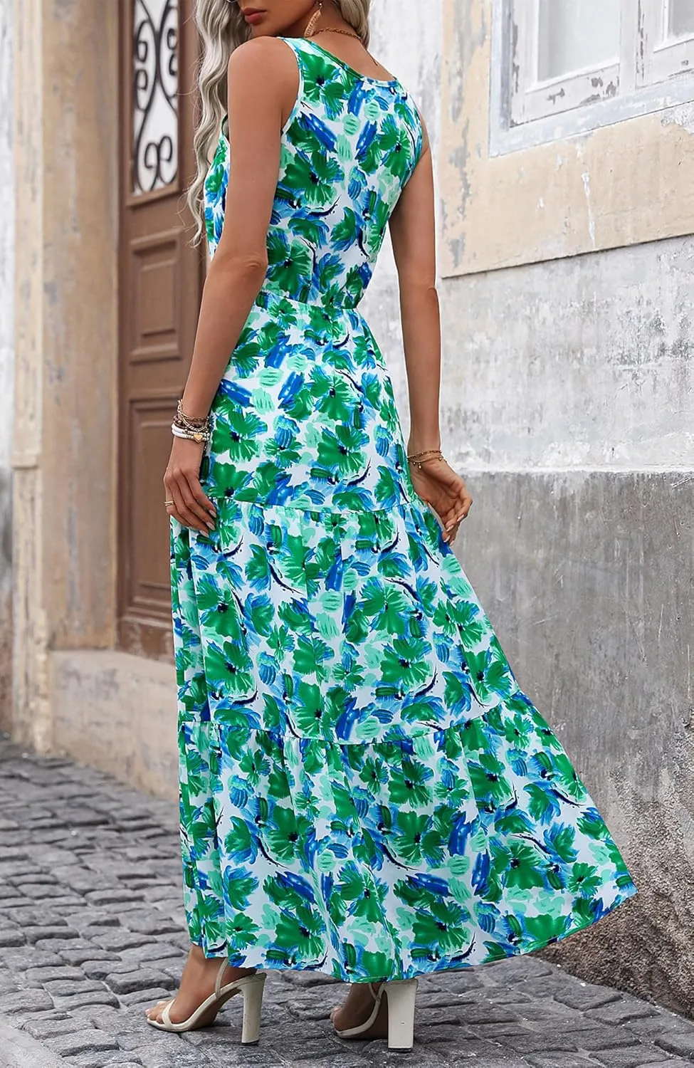 BTFBM Women Summer Dresses Casual Sleeveless Maxi Dresses Cute Floral Long Dress Wedding Guest Dress
