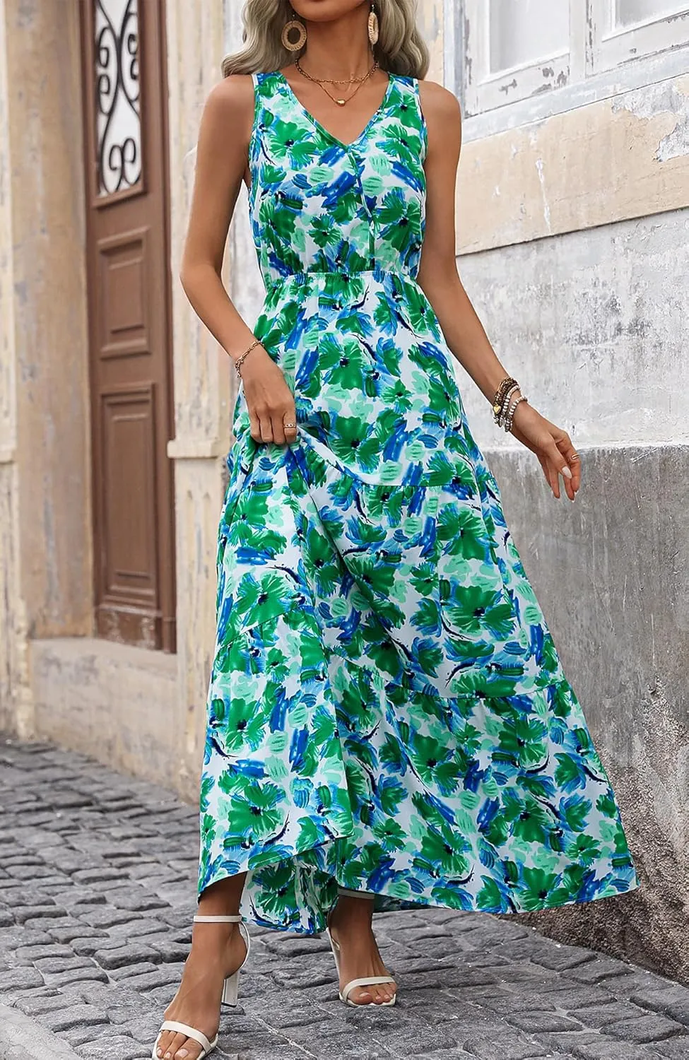BTFBM Women Summer Dresses Casual Sleeveless Maxi Dresses Cute Floral Long Dress Wedding Guest Dress
