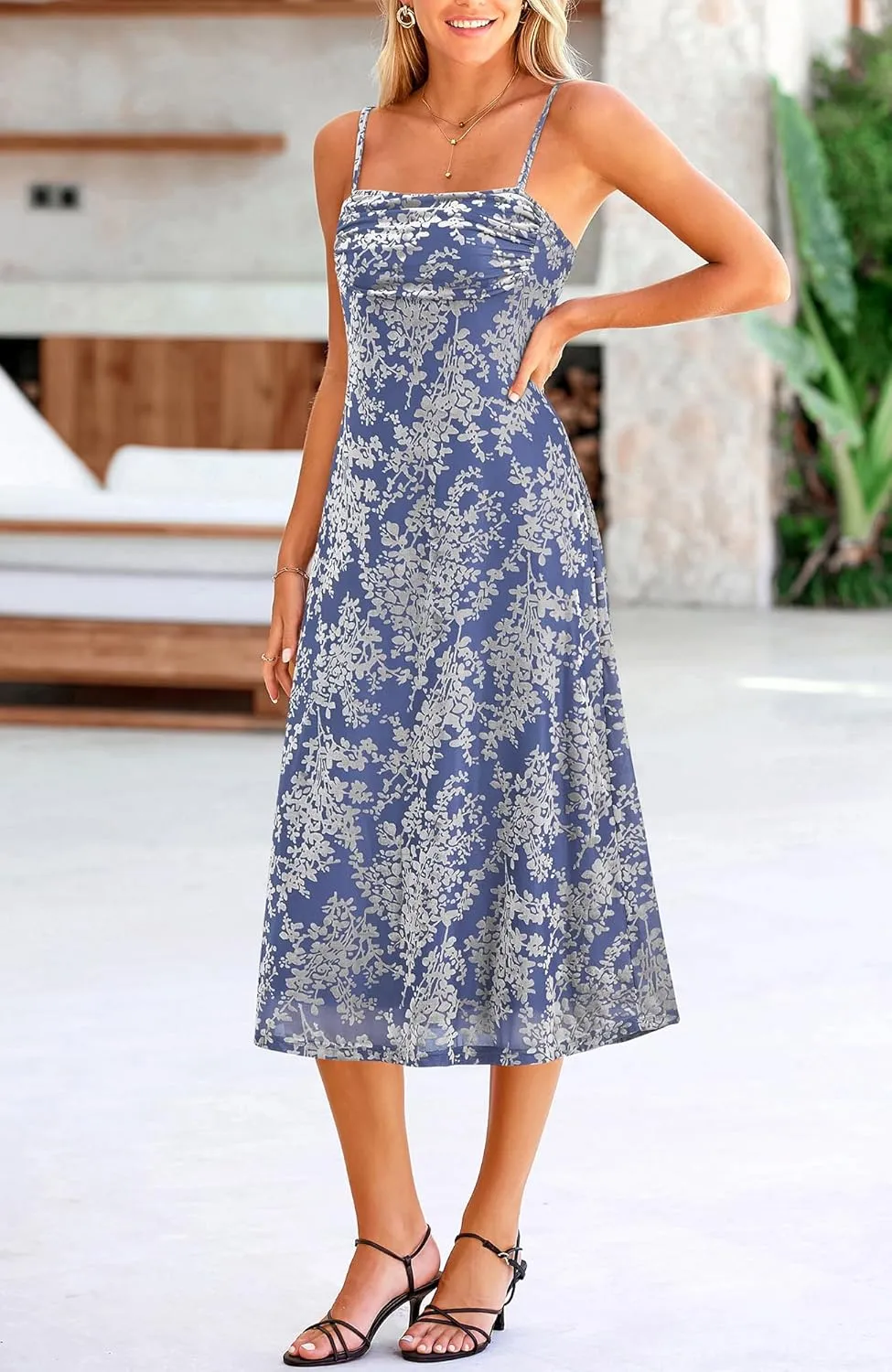 BTFBM Women's Summer Dress Sleeveless Spaghetti Strap Midi Dress Sexy Cowl Neck Floral Cocktail Dress Party Dresses
