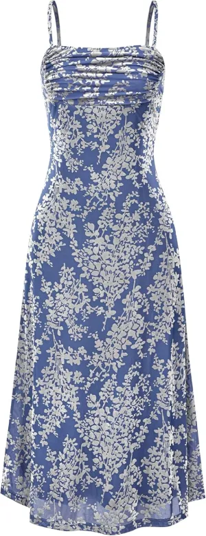BTFBM Women's Summer Dress Sleeveless Spaghetti Strap Midi Dress Sexy Cowl Neck Floral Cocktail Dress Party Dresses