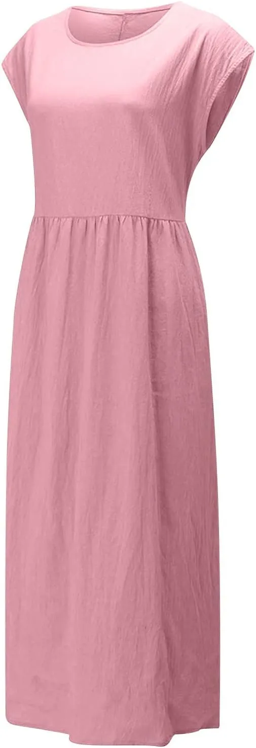 Ceboyel Women's Linen Cotton Summer Dress Short Sleeve Causal Dresses Loose Fit Tshirt Dress Trendy Beach Clothing 2023