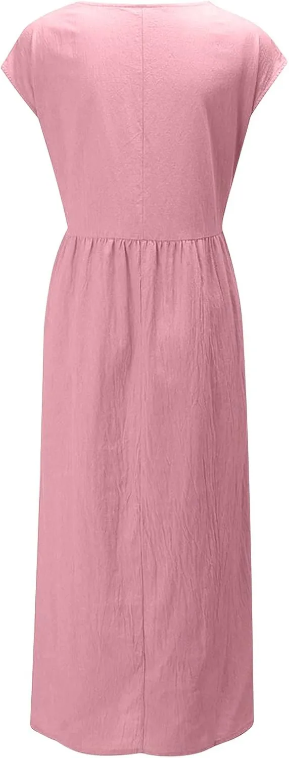 Ceboyel Women's Linen Cotton Summer Dress Short Sleeve Causal Dresses Loose Fit Tshirt Dress Trendy Beach Clothing 2023