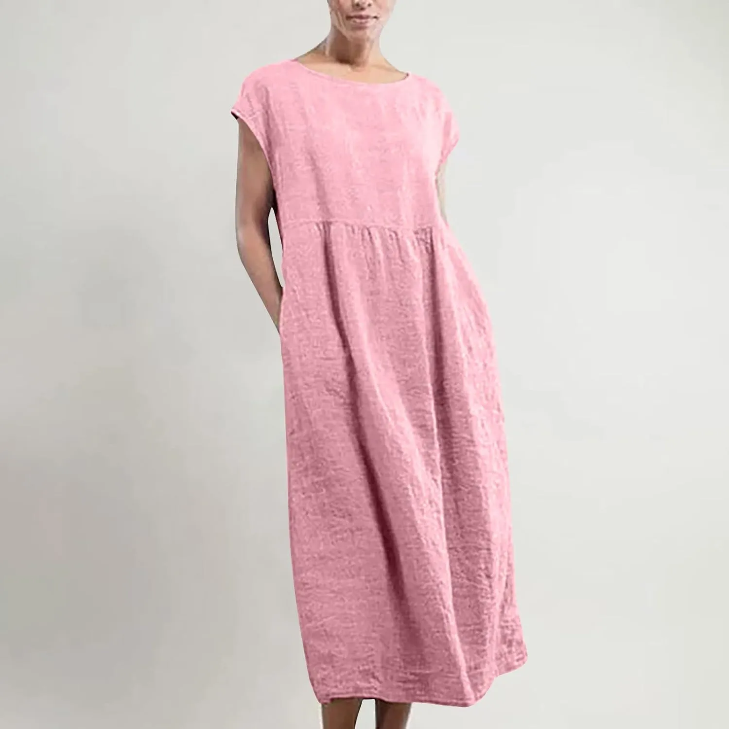 Ceboyel Women's Linen Cotton Summer Dress Short Sleeve Causal Dresses Loose Fit Tshirt Dress Trendy Beach Clothing 2023