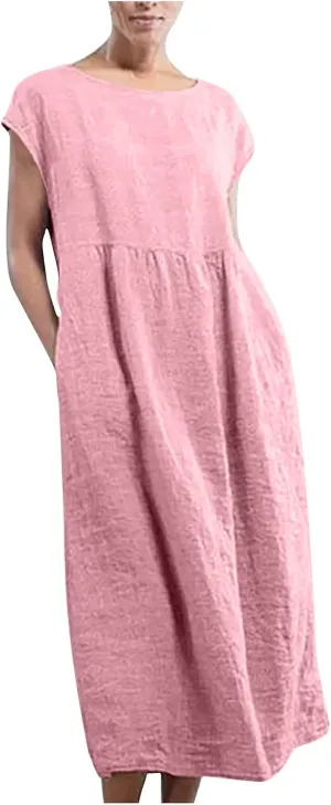 Ceboyel Women's Linen Cotton Summer Dress Short Sleeve Causal Dresses Loose Fit Tshirt Dress Trendy Beach Clothing 2023
