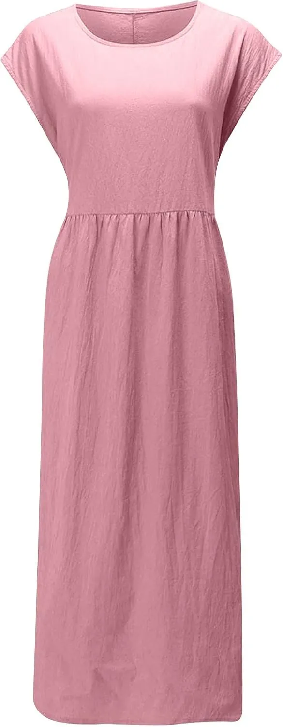 Ceboyel Women's Linen Cotton Summer Dress Short Sleeve Causal Dresses Loose Fit Tshirt Dress Trendy Beach Clothing 2023