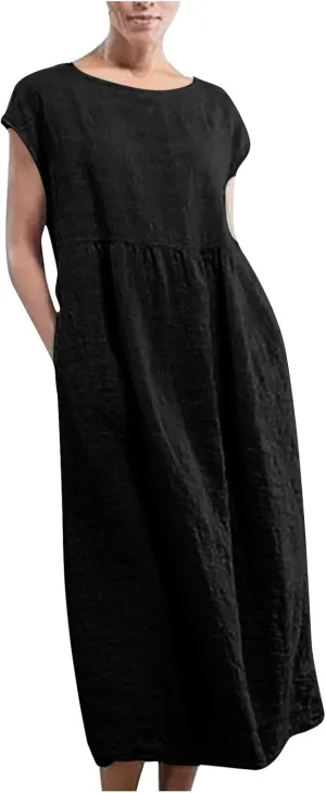 Ceboyel Women's Linen Cotton Summer Dress Short Sleeve Causal Dresses Loose Fit Tshirt Dress Trendy Beach Clothing 2023