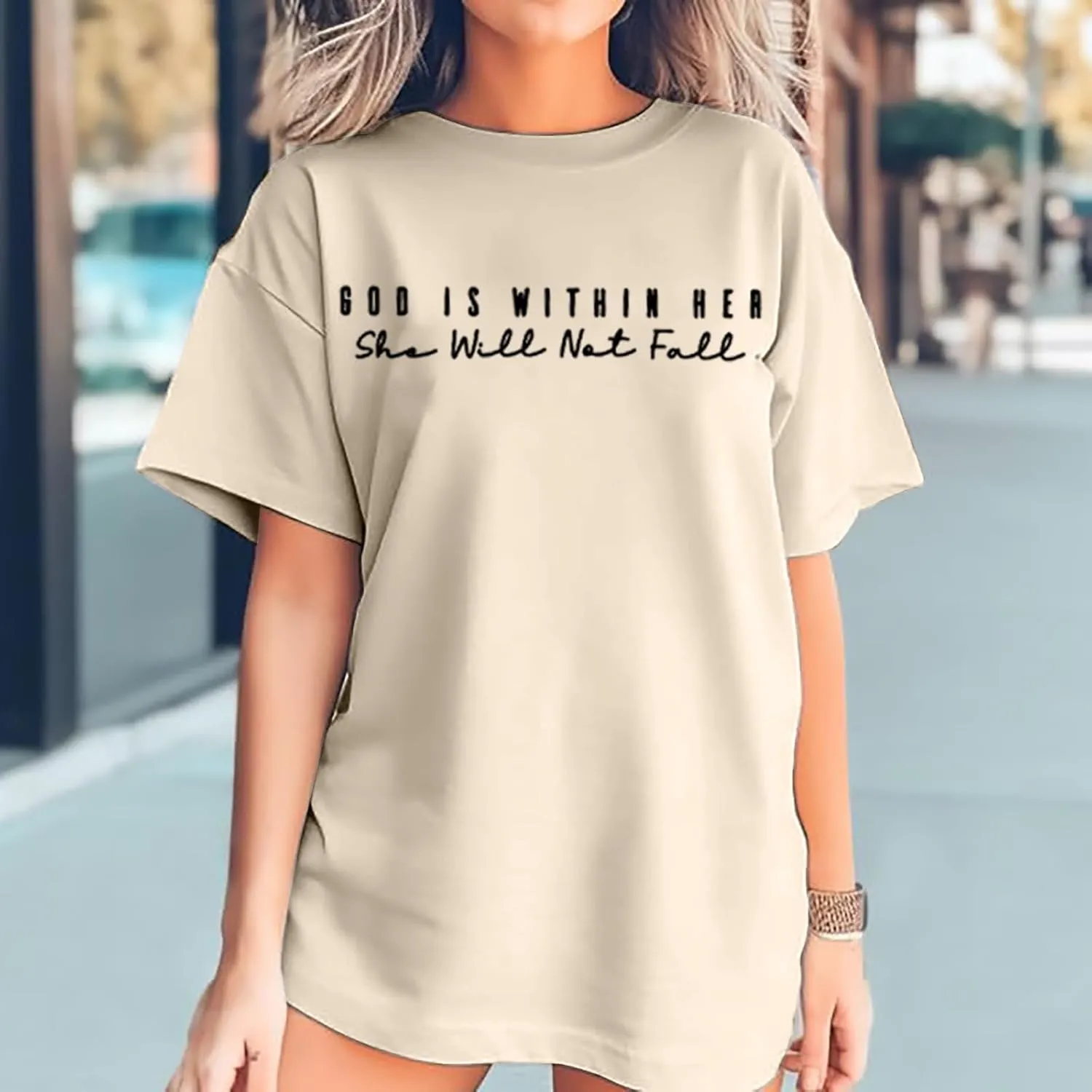 Christian Shirts for Women Oversized God Bible Verse Shirt Faith Jesus Tshirts God is Within Her She Will Not Fall