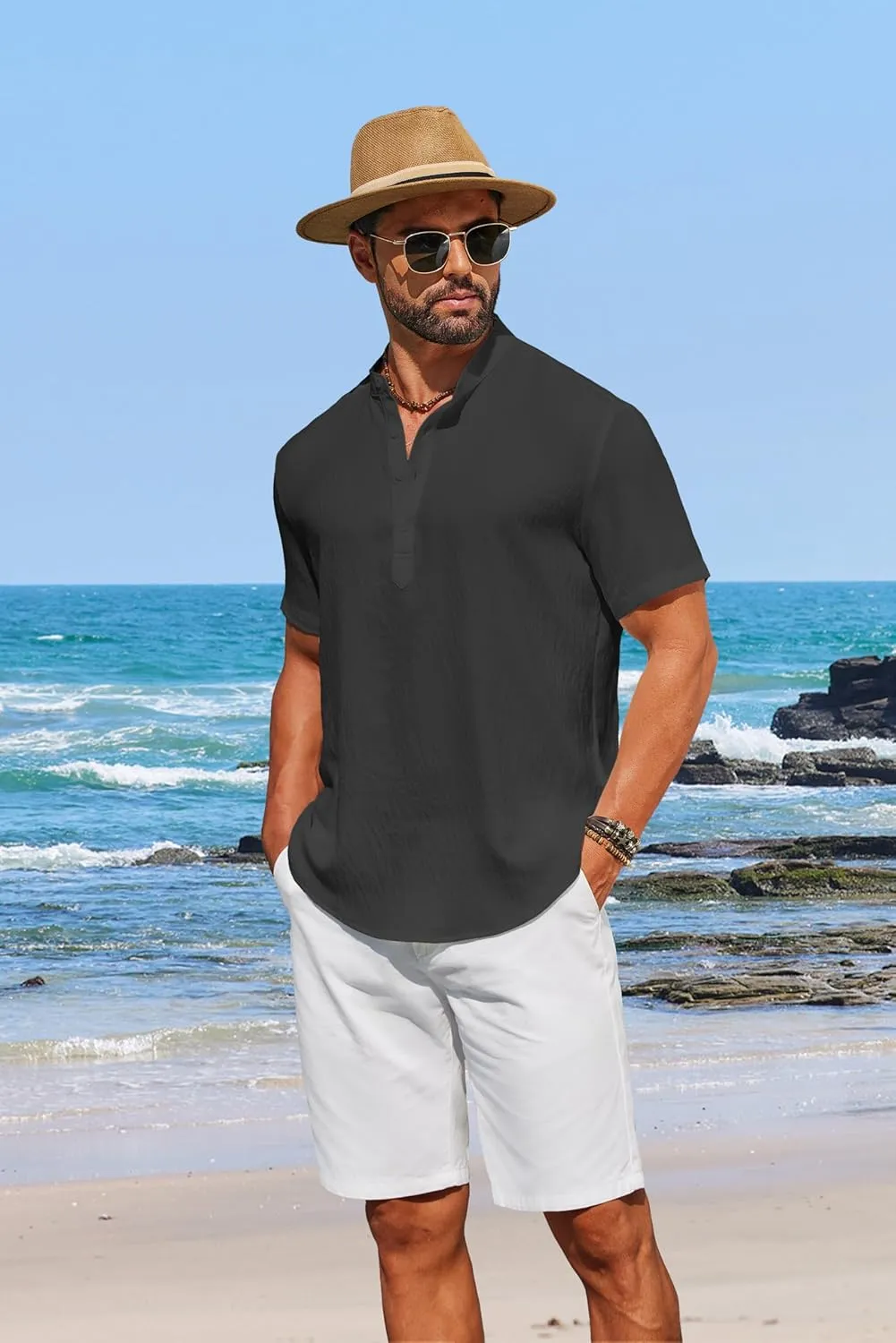 COOFANDY Men's Casual Henley Shirt Short Sleeve Linen Shirt Band Collar Summer Hippie Beach T-Shirts